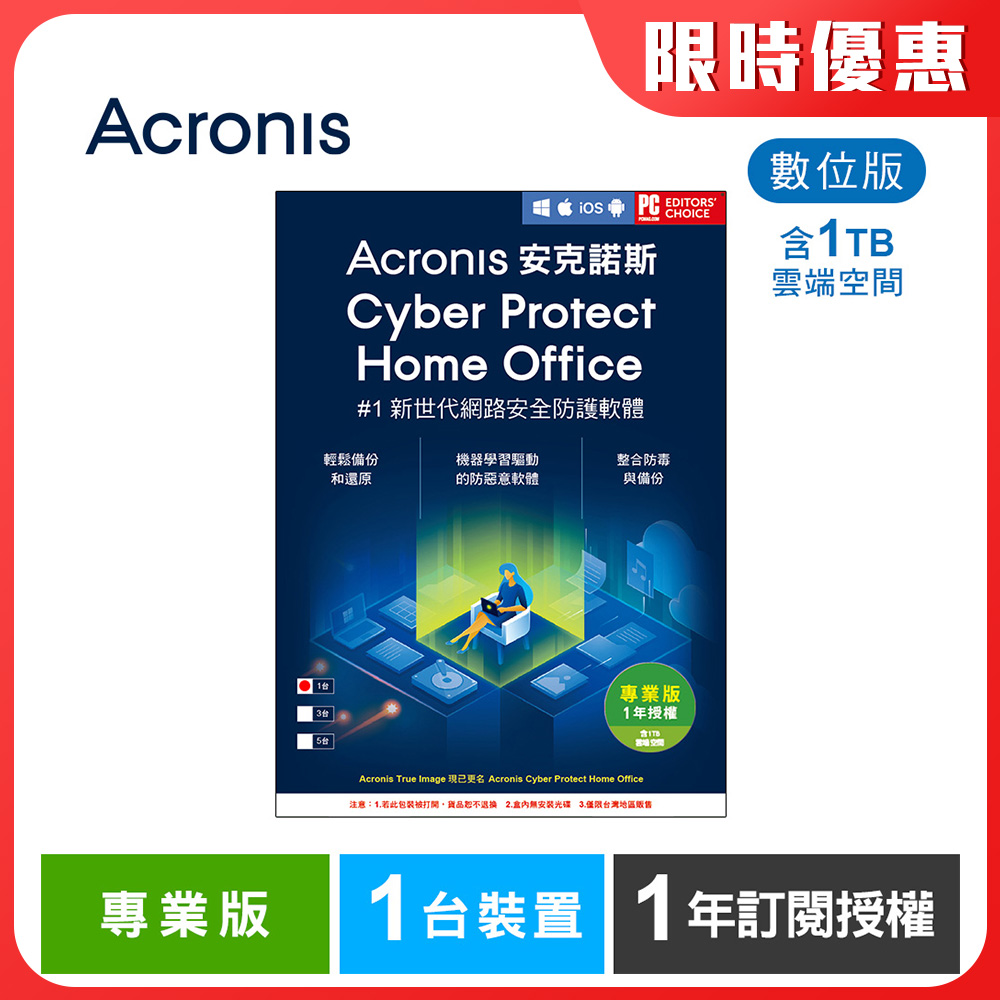 安克諾斯Acronis Cyber Protect Home Office 專業版1年訂閱授權 -包含1TB雲端空間-1台裝置-數位版