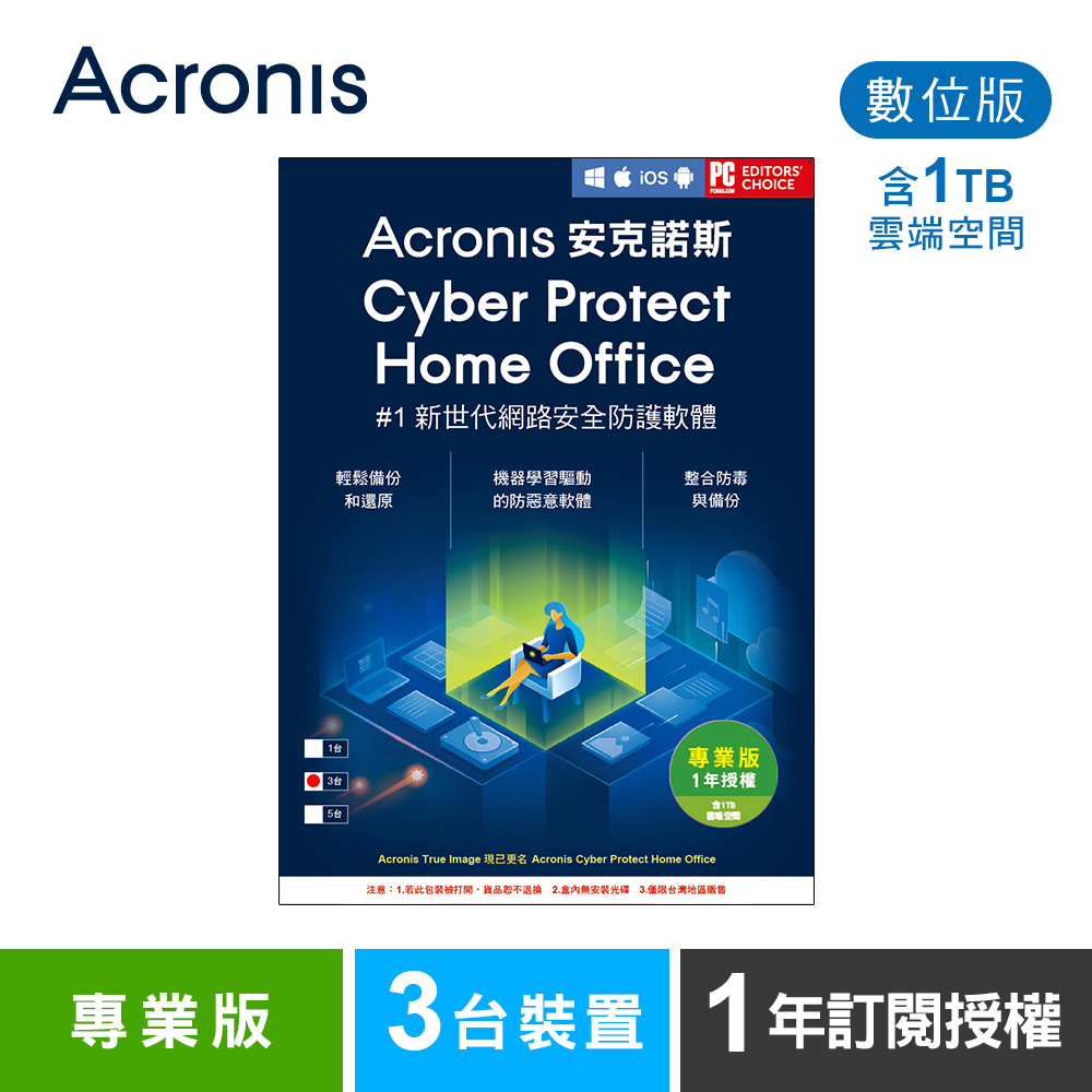 安克諾斯Acronis Cyber Protect Home Office 專業版1年訂閱授權 -包含1TB雲端空間-3台裝置-數位版